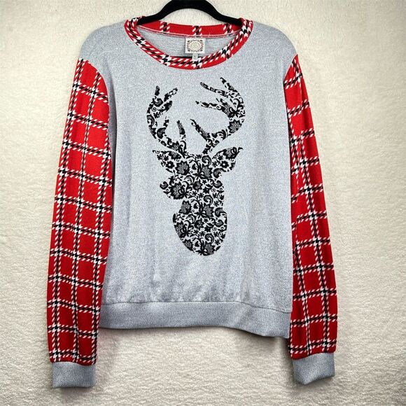 Tru Self Women's XL Gray Plaid Pullover Top Reindeer Graphic Winter‎ - Picture 1 of 9